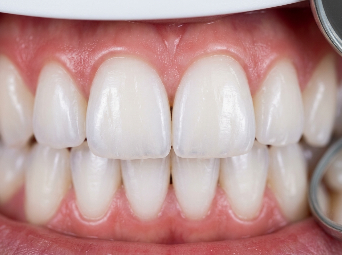 After professional teeth whitening: brilliant white sparkling teeth