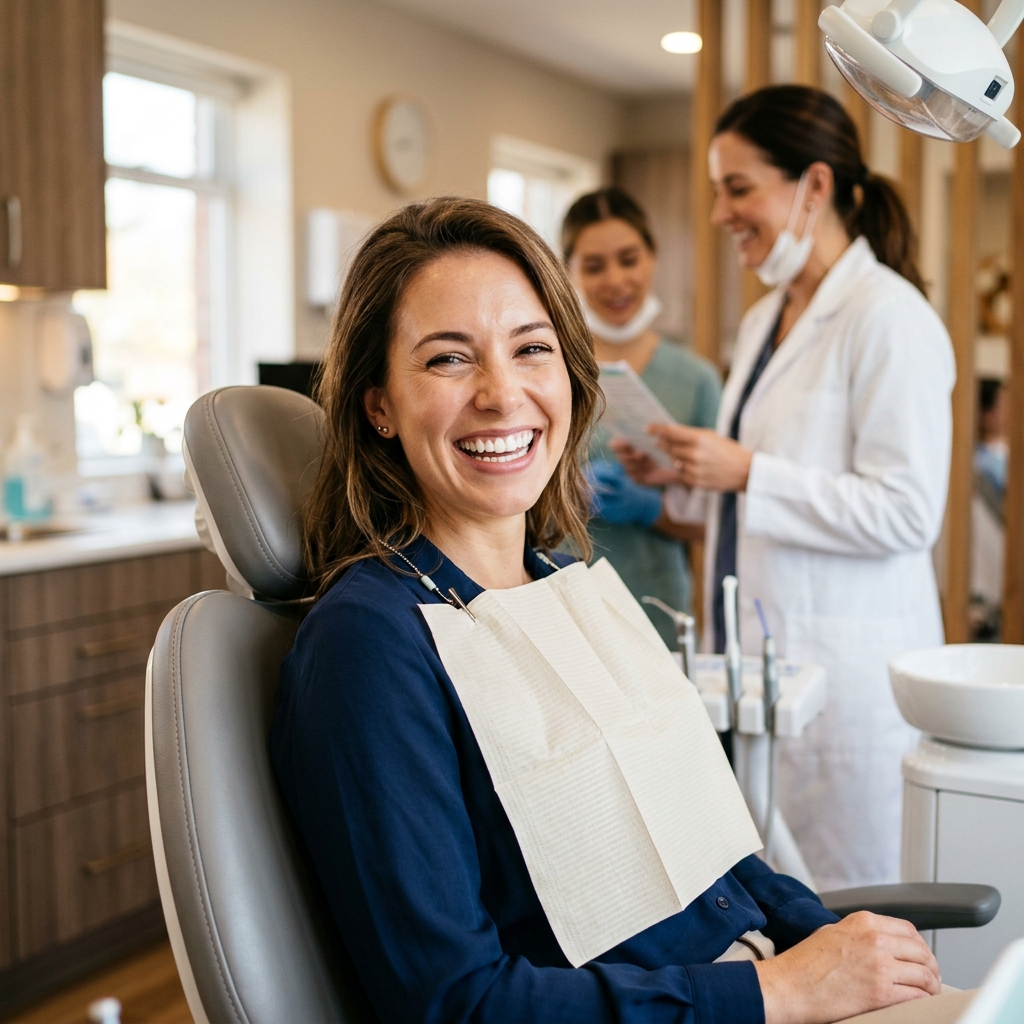 After porcelain veneers: perfect symmetrical white smile